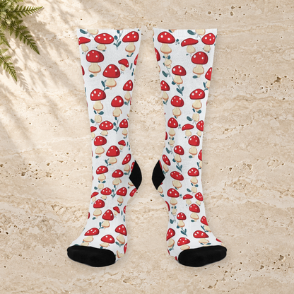 White Leafy Red Mushroom Crew Socks