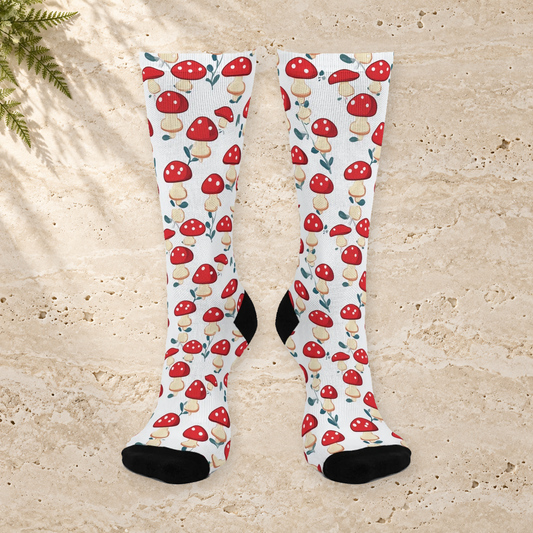 White Leafy Red Mushroom Crew Socks