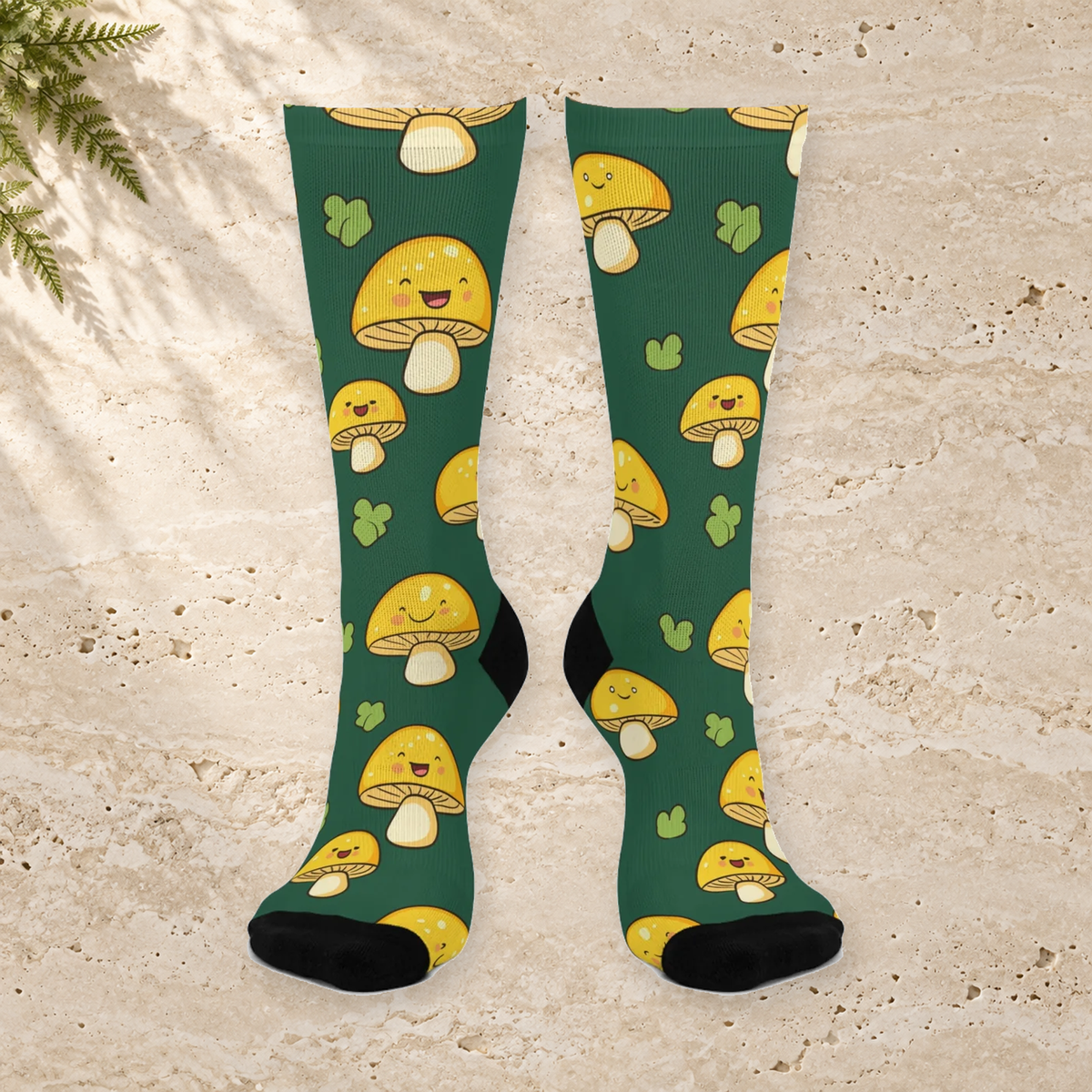 Forest Yellow Mushroom Smiles Crew Socks
