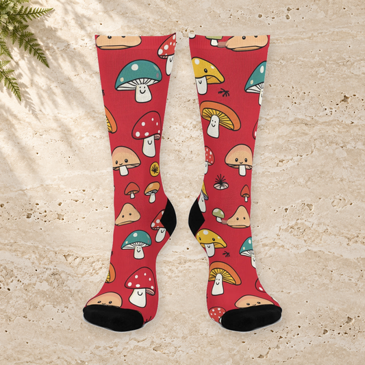 Crimson Mushroom Smiles Crew Socks