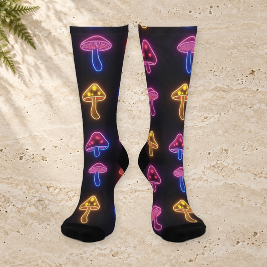 Rainbow Neon Mushroom Outline Crew Socks