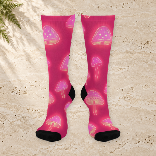 Hot Pink Neon Mushroom Crew Socks