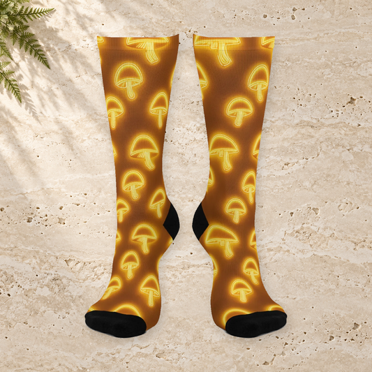 Amber Neon Mushroom Outline Crew Socks