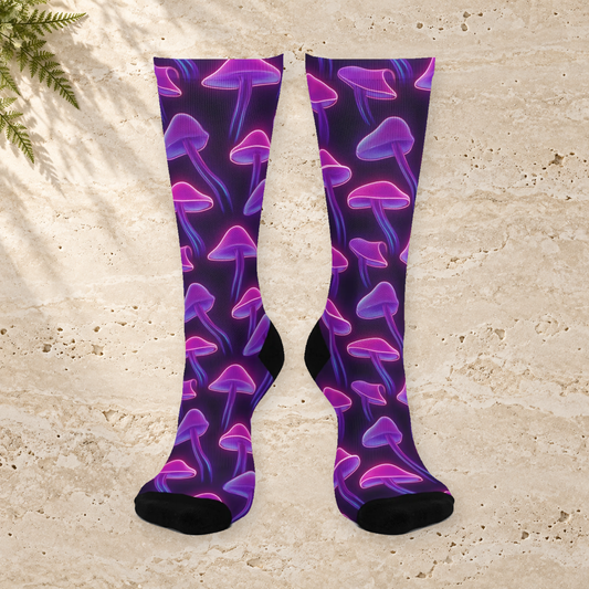 Purple Neon Mushroom Waves Crew Socks