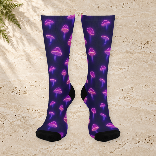 Violet Neon Mushroom Outline Crew Socks