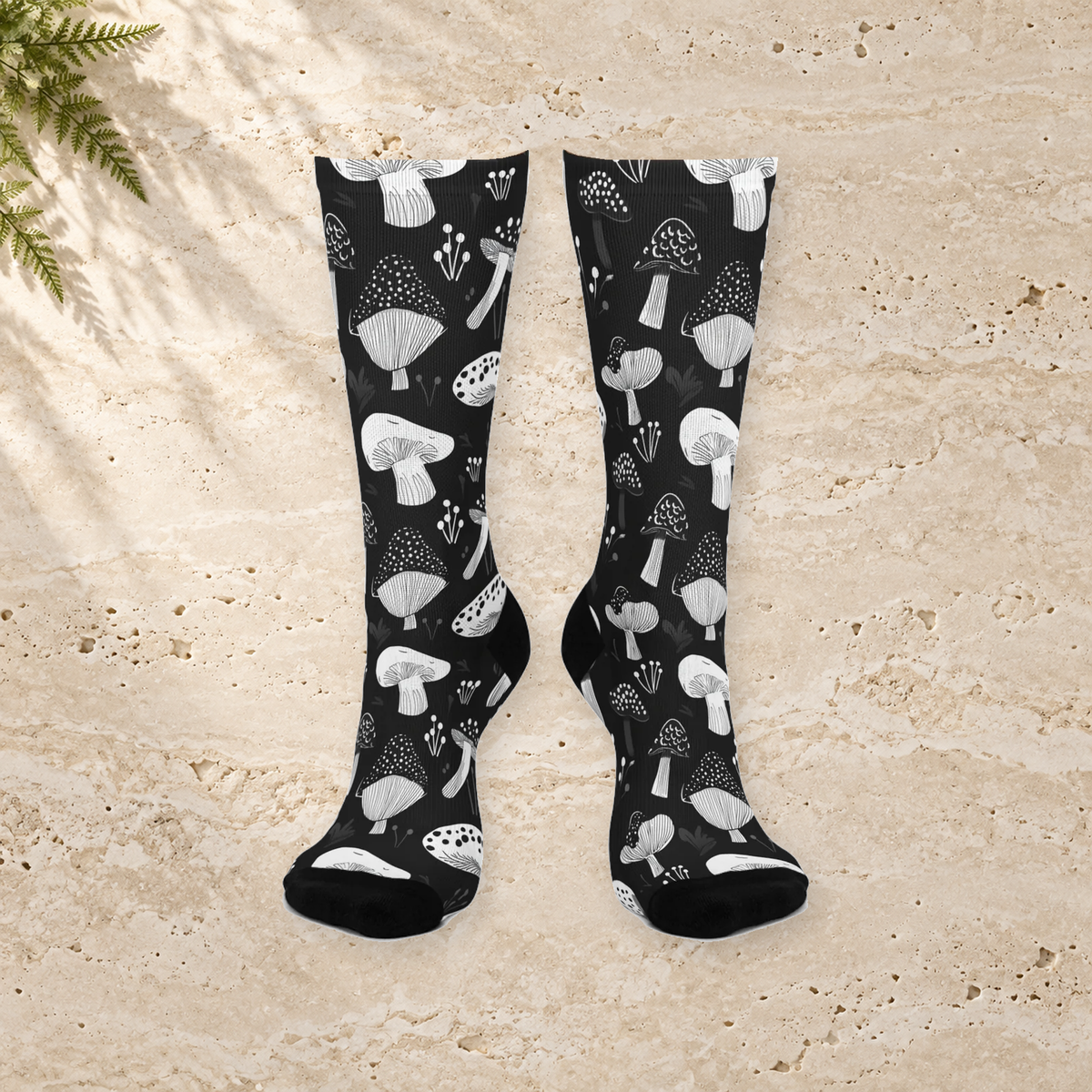 Black & White Botanical Mushroom Crew Socks