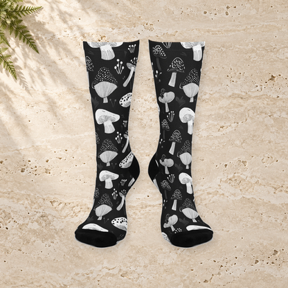 Black & White Botanical Mushroom Crew Socks