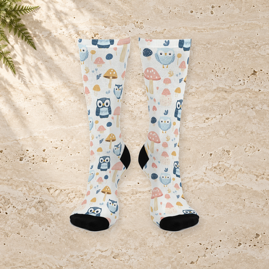 Ivory Owl & Mushroom Crew Socks