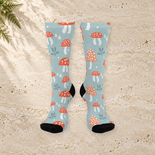 Mist Blue Owl & Mushroom Crew Socks