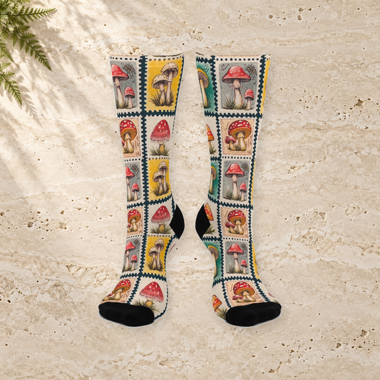 Vintage Mushroom Stamp Collection Crew Socks