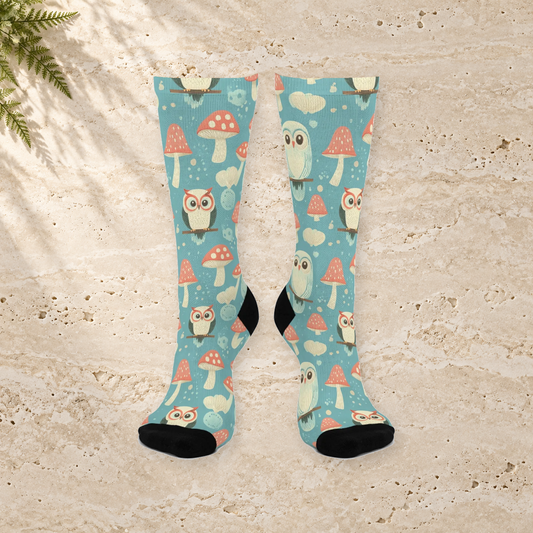 Turquoise Owl & Mushroom Crew Socks