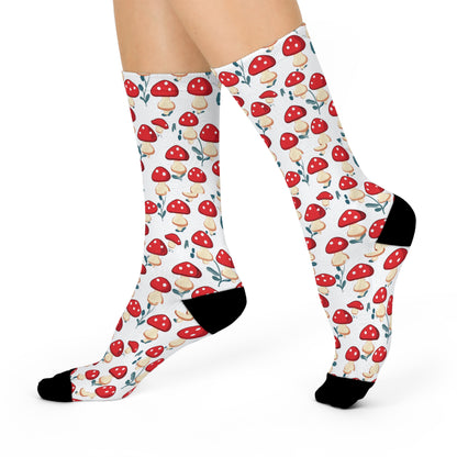 White Leafy Red Mushroom Crew Socks