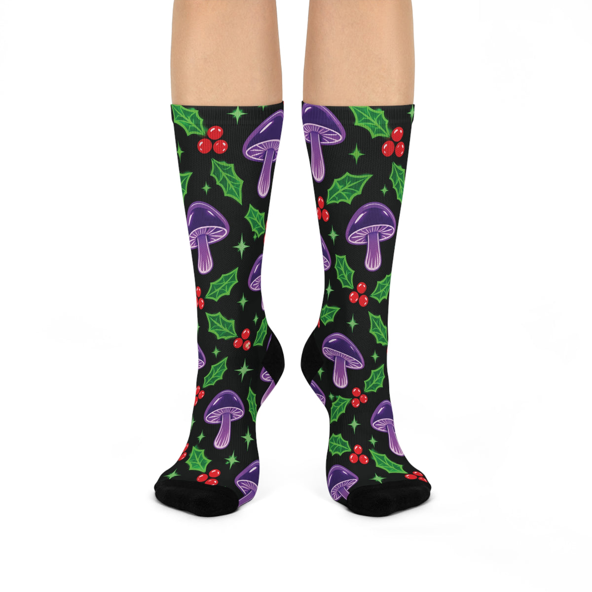 Electric Holly Christmas Mushroom Cushioned Crew Socks