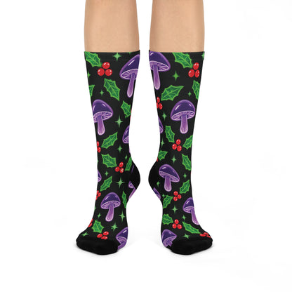 Electric Holly Christmas Mushroom Cushioned Crew Socks