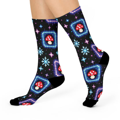 Neon Pixel Portal Christmas Mushroom Cushioned Crew Socks