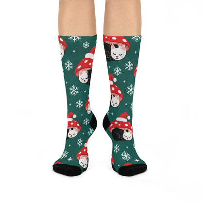Holiday Cat Nap Christmas Mushroom Cushioned Crew Socks