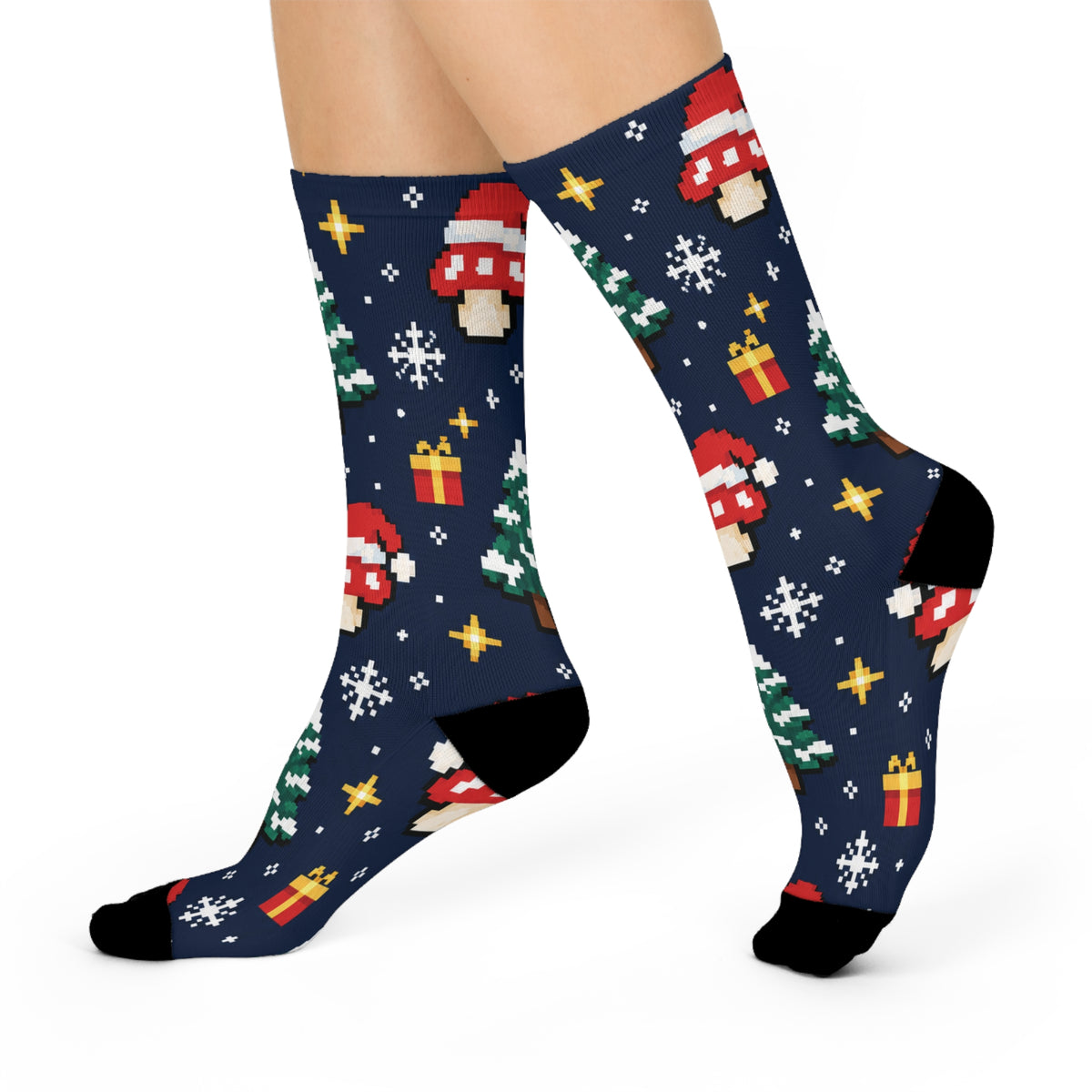 Pixel Snow Quest Christmas Mushroom Cushioned Crew Socks