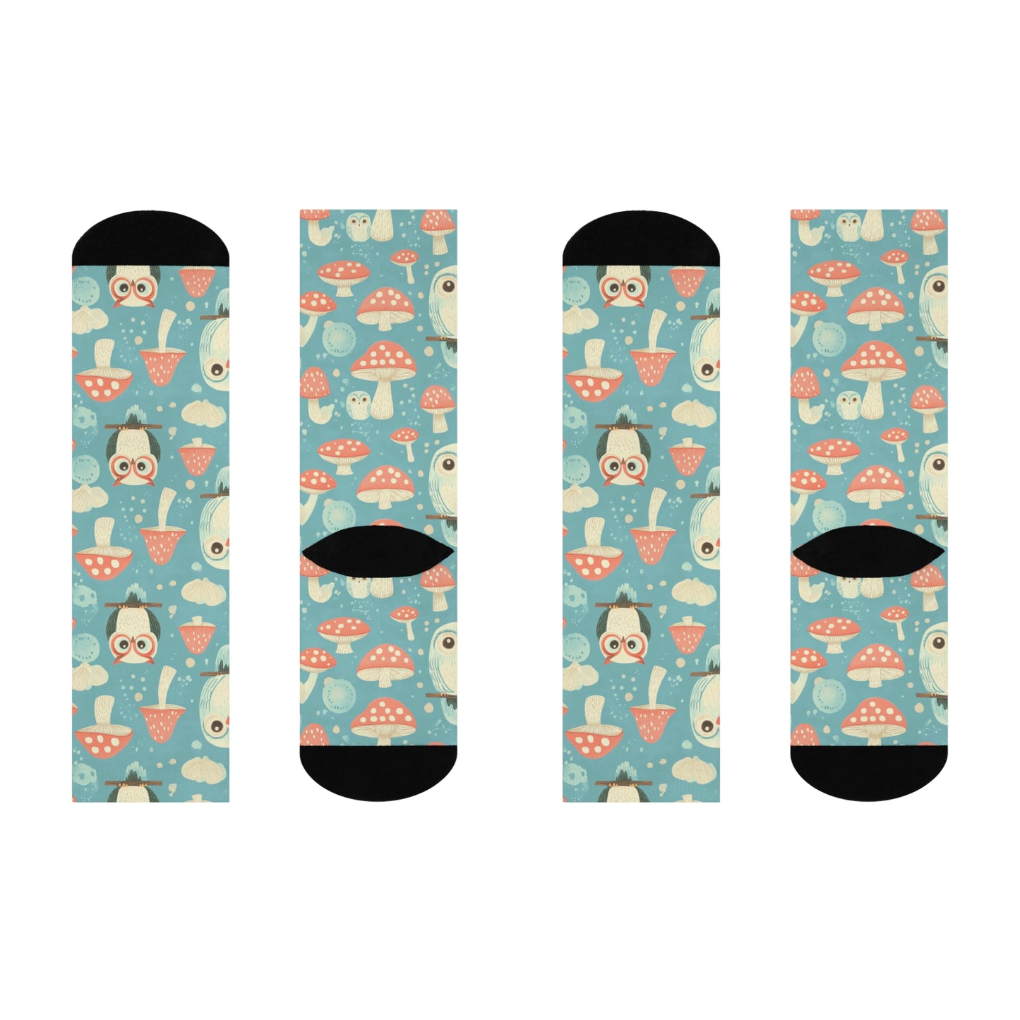 Mushroom + Owl Socks For Festival Season | Cushioned Crew Socks | Multicolor | Blue 024