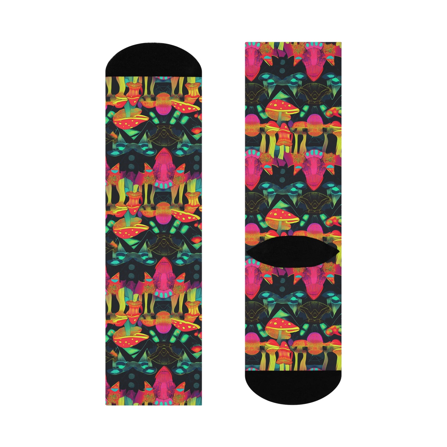 Mushroom Socks For Festival Season | Cushioned Crew Socks | Multicolor | Black 030