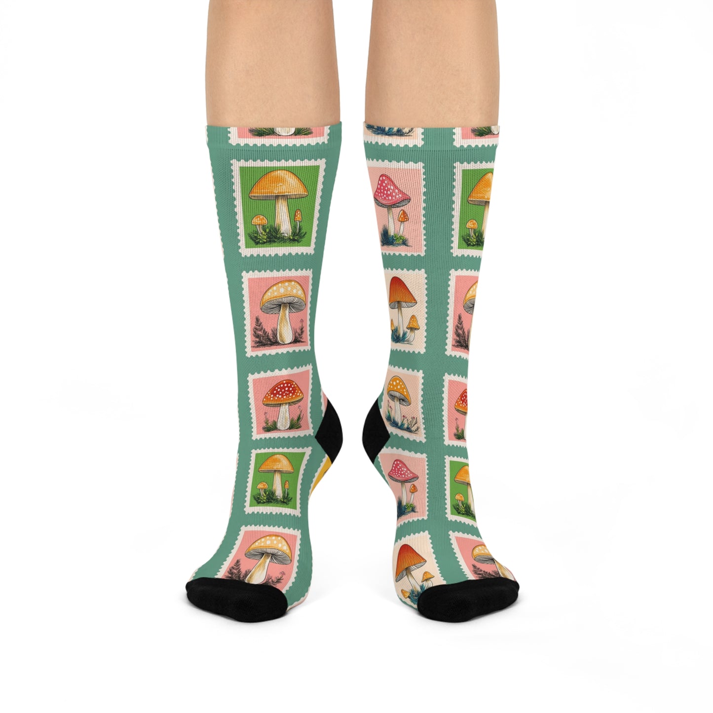 Mushroom Cushioned Crew Socks | Stamps | Green 034