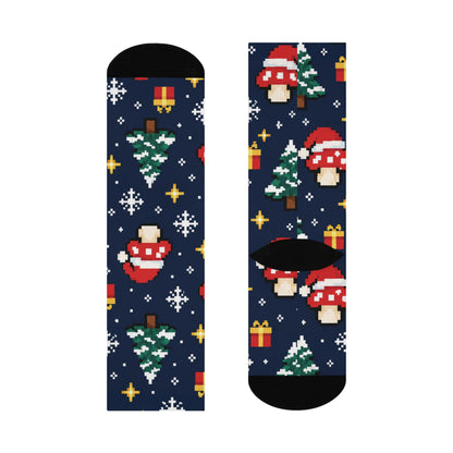 Pixel Snow Quest Christmas Mushroom Cushioned Crew Socks