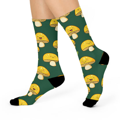 Forest Yellow Mushroom Smiles Crew Socks